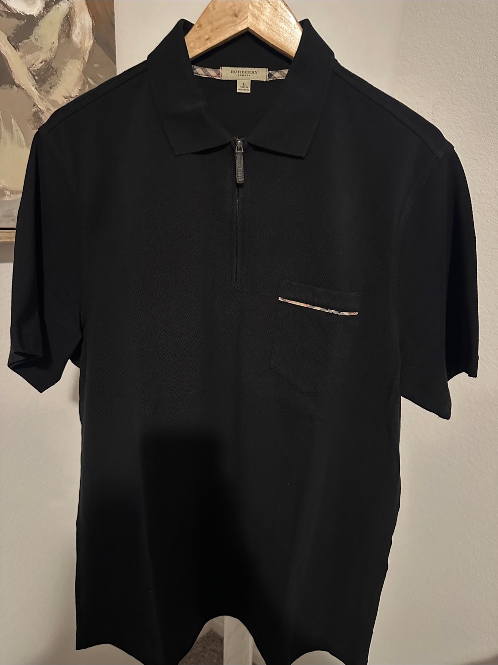Burberry Black Short-Sleeve Zip Polo with Check-Trim Pocket